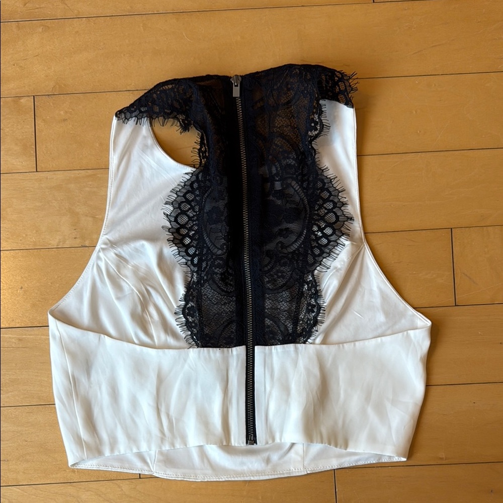 Express Black and White High Neck Lace Back Crop Top